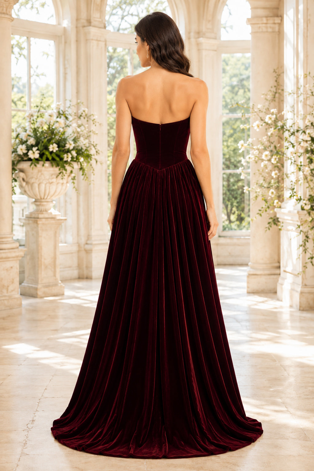 Evening Gown Burgundy Velvet Ball Gown Strapless Sweetheart Sweep Train back view