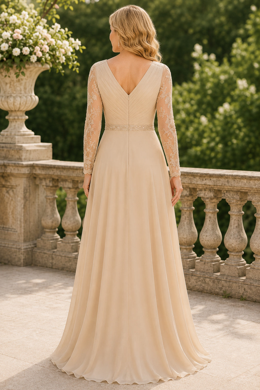 Champagne V-Neck Long Sleeve Lace A-Line Mother Dress with Chiffon Skirt back view