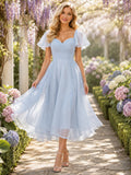 Blue sweetheart short sleeve organza tea length A-line dress front view