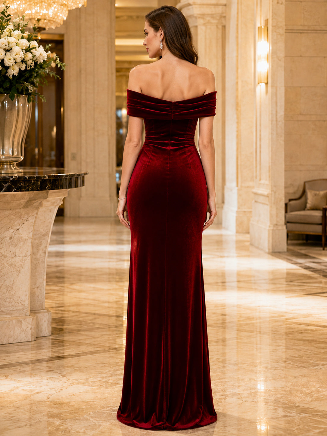 Red Velvet Off Shoulder Column Evening Dress back view