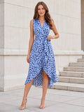 Blue Dalmatian Spot Sleeveless Wrap High-Low Midi Guest Dress front view