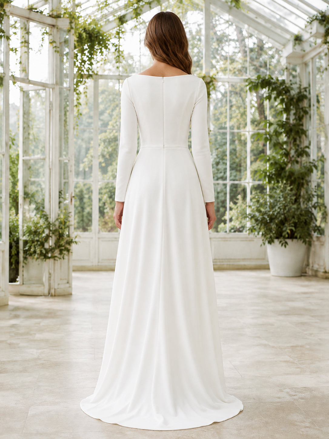 Modest Satin Wedding Dress Sheath Bateau Neck Long Sleeve Sweep Train Bridal Gown back view