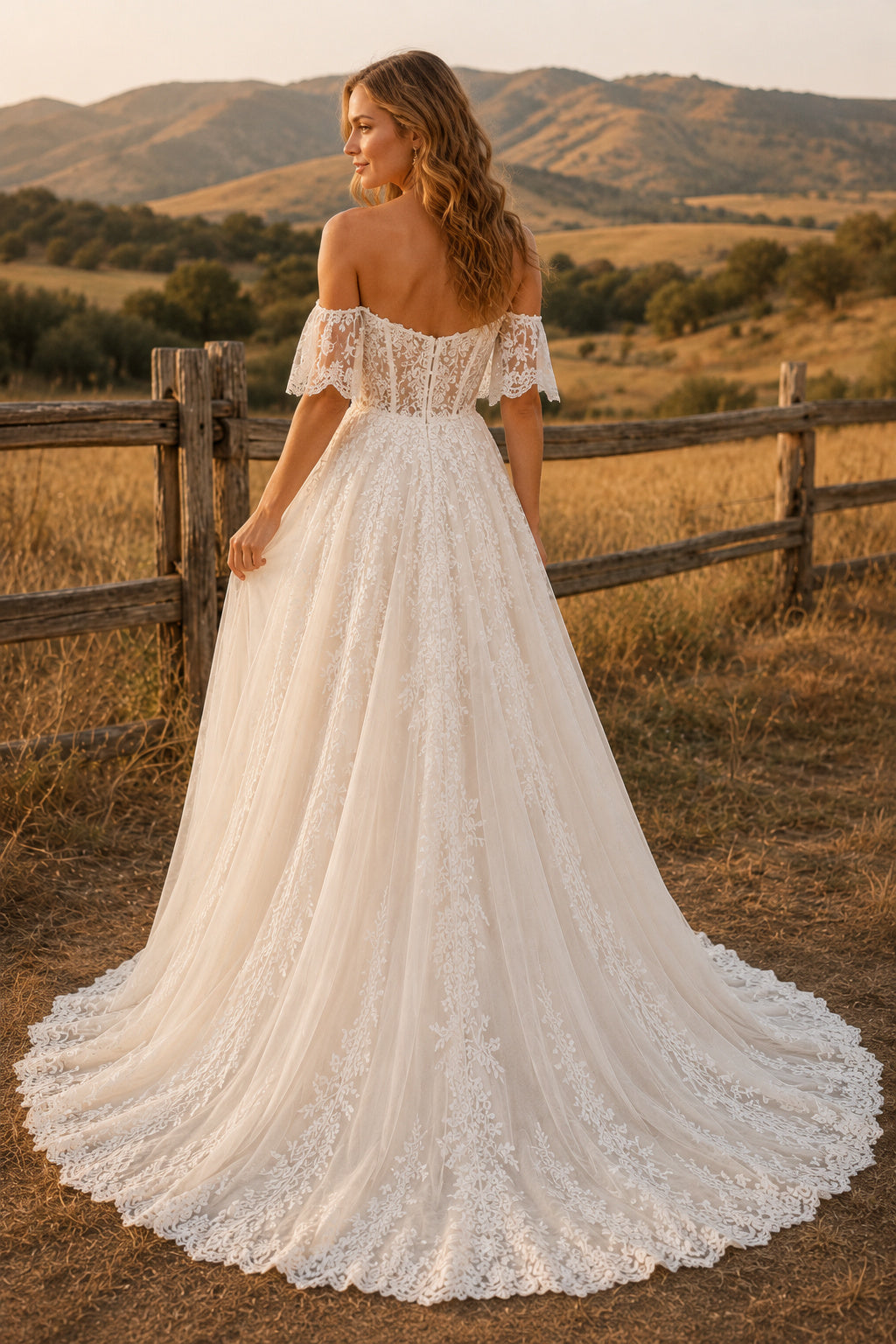 Ivory Off-the-Shoulder Lace A-Line Wedding Dress with Flutter Sleeves and Scalloped Train back view