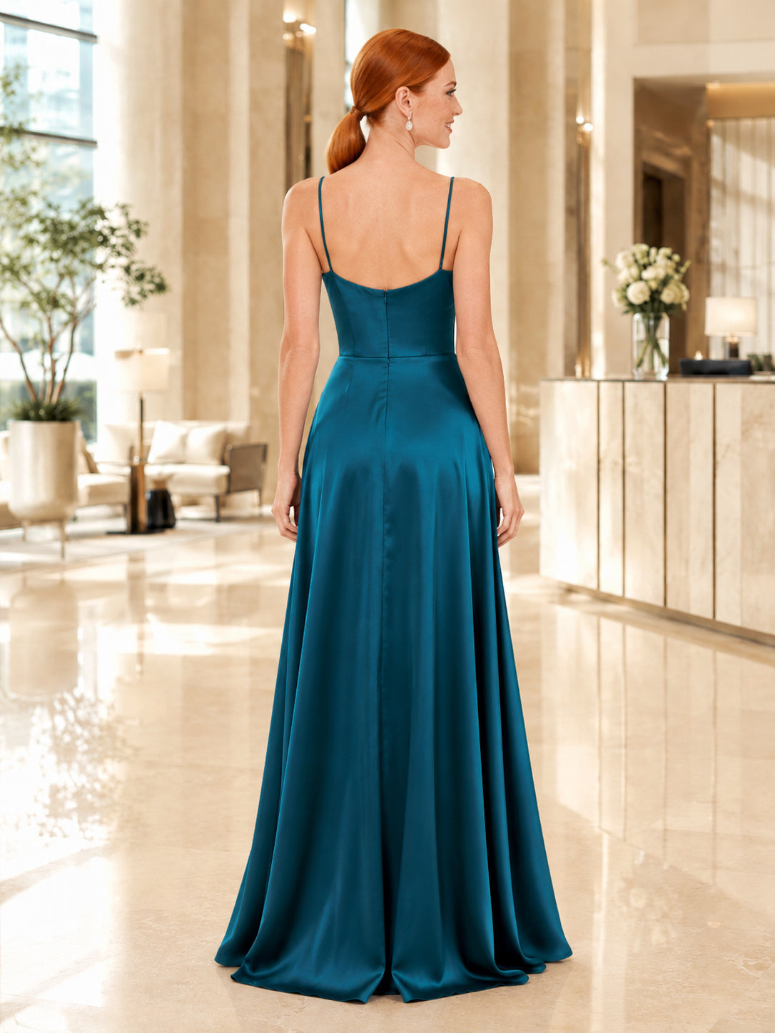 Teal Cowl Neck Spaghetti Strap Satin Floor Length Gown back view