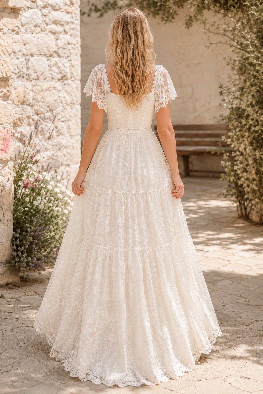Square Neck Lace A-Line Wedding Dress with Flutter Sleeves and Tiered Ankle Skirt back view