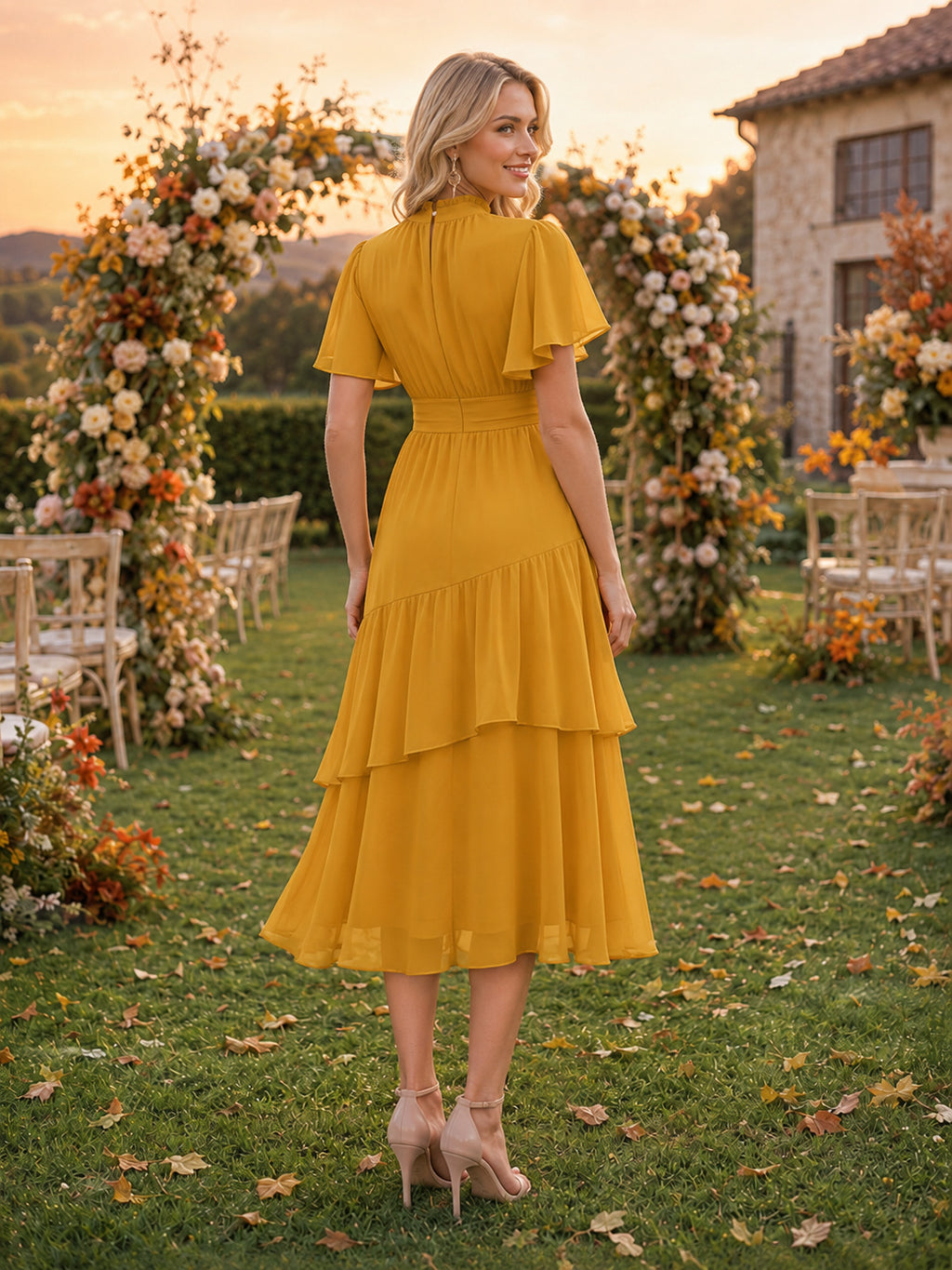 Gold High Neck Flutter Tiered Chiffon Midi Guest Dress back view