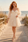 Ivory Sweetheart Sheer Long Sleeve Tulle Mini Reception Dress for Wedding Reception and Party front view