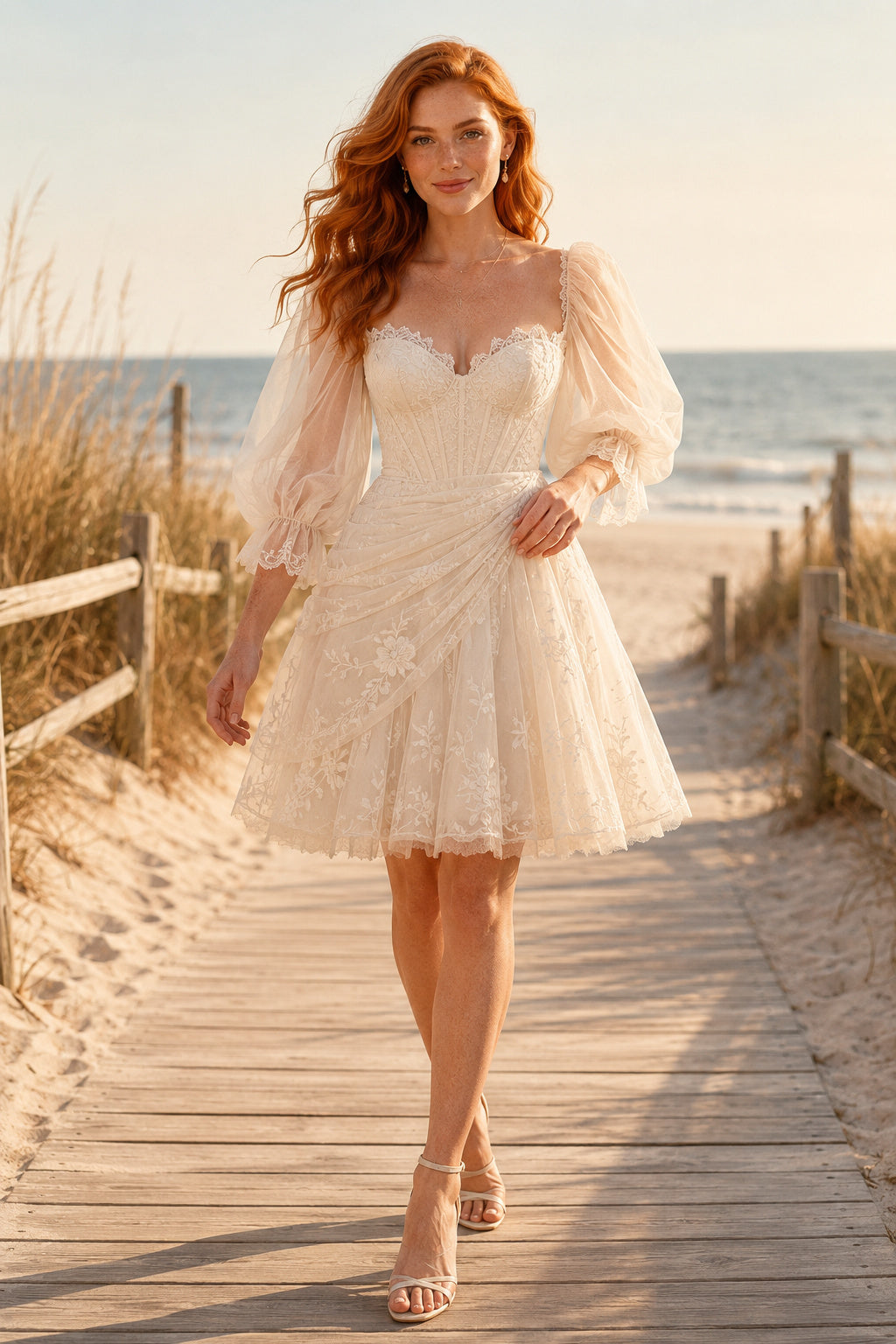 Ivory Sweetheart Sheer Long Sleeve Tulle Mini Reception Dress for Wedding Reception and Party front view
