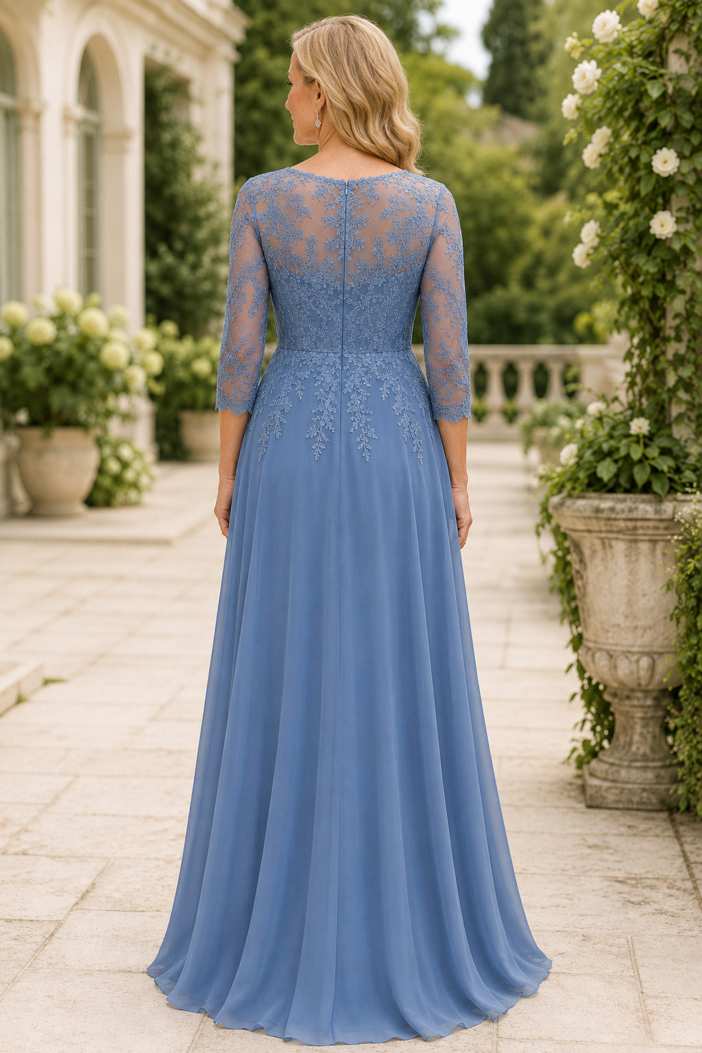 Steel Blue V-Neck A-Line Mother Dress with Illusion Sleeves and Lace Bodice for Evening Reception back view