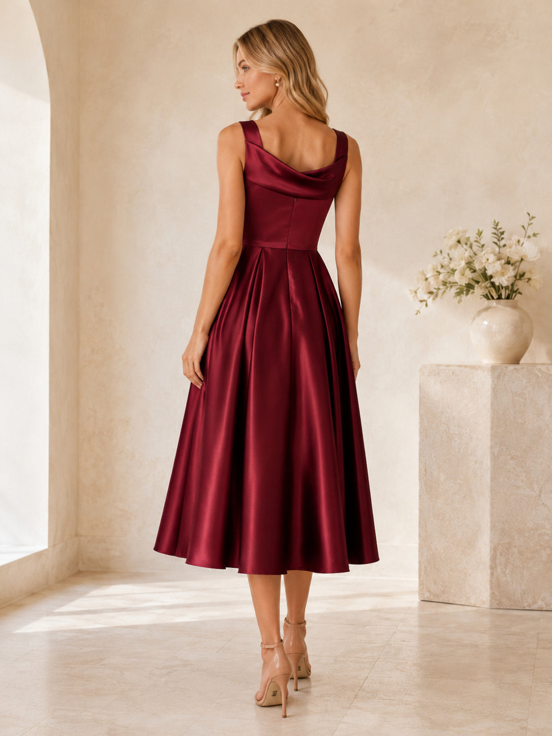 Claret Cowl Neck Sleeveless Satin A-Line Tea-Length Wedding Guest Dress back view