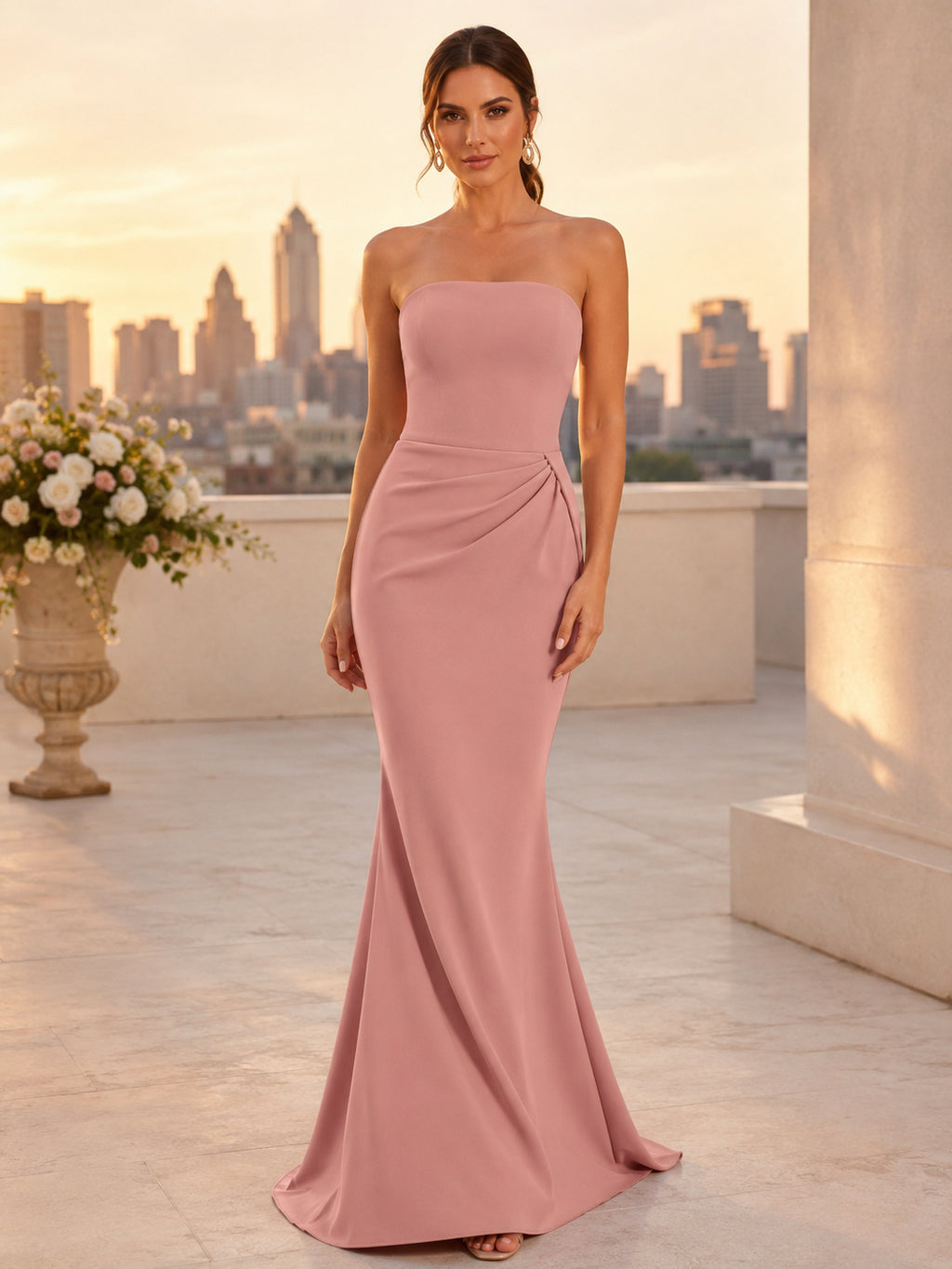 Dusty Rose Strapless Crepe Mermaid Evening Gown front view