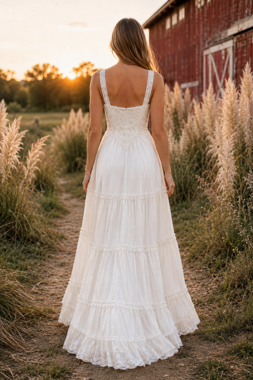 Ivory Square Neck Sleeveless Tiered A-Line Wedding Dress with Ankle Length Ruffle Skirt back view