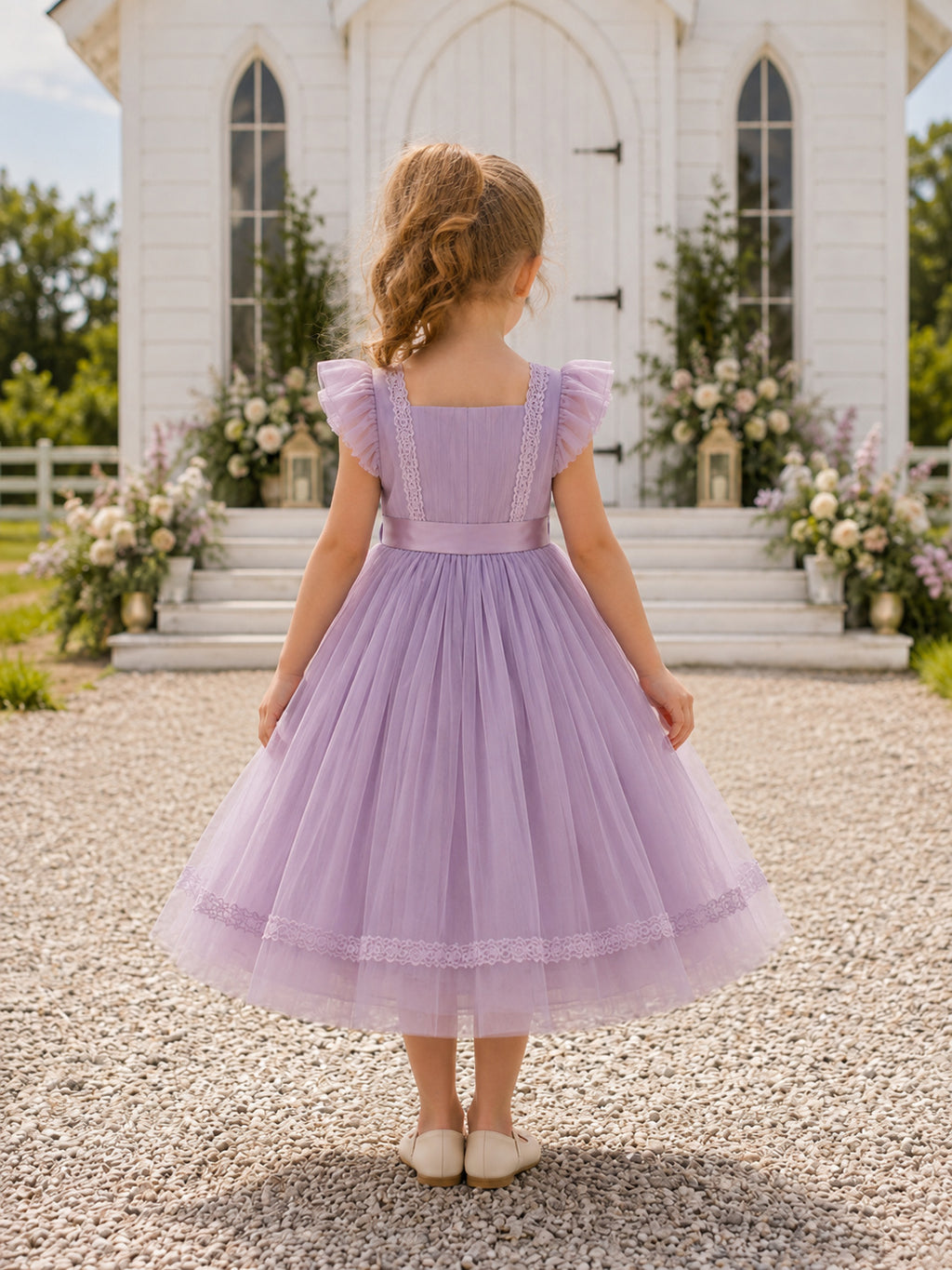 Lavender Flutter Sleeve Tulle Bow Flower Girl Garden Tea-Length Princess Dress back view
