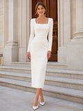 Modest Civil Satin Pencil Square Neck Long Sleeve Tea Length Wedding Dress front view
