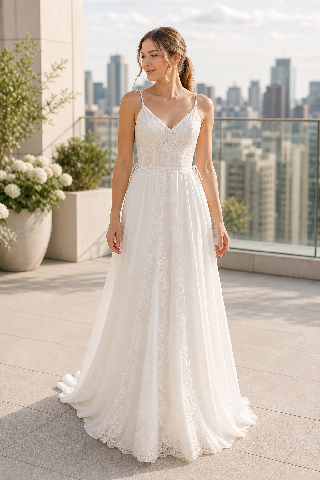 Champagne Illusion Long Sleeves A-Line Satin Floor-length Wedding Dress With Sweep Train and Open Back