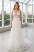 White V-neck Mermaid Crepe, Lace Floor-length Wedding Dress With Lace and Beaded Waist and Open Back Lace Hem Detail