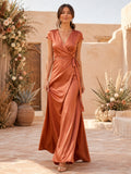 Terracotta satin wrap bridesmaid gown with side slit front view