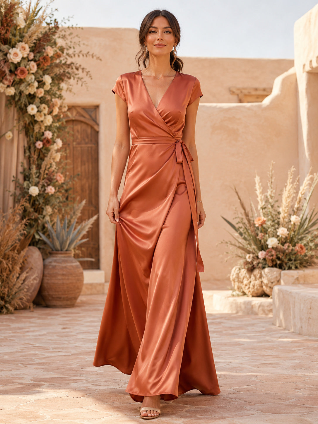 Terracotta satin wrap bridesmaid gown with side slit front view