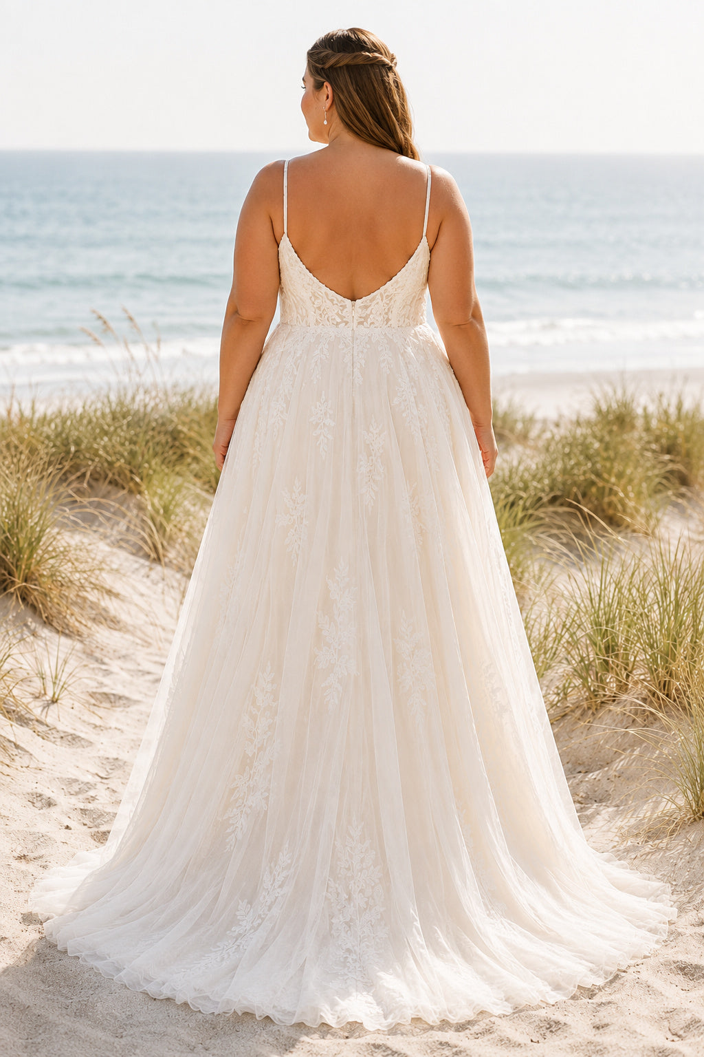 Plus Size Ivory V-Neck Spaghetti Strap Sleeveless Lace Tulle A-Line Wedding Dress with Spaghetti Straps and Soft Tulle Skirt