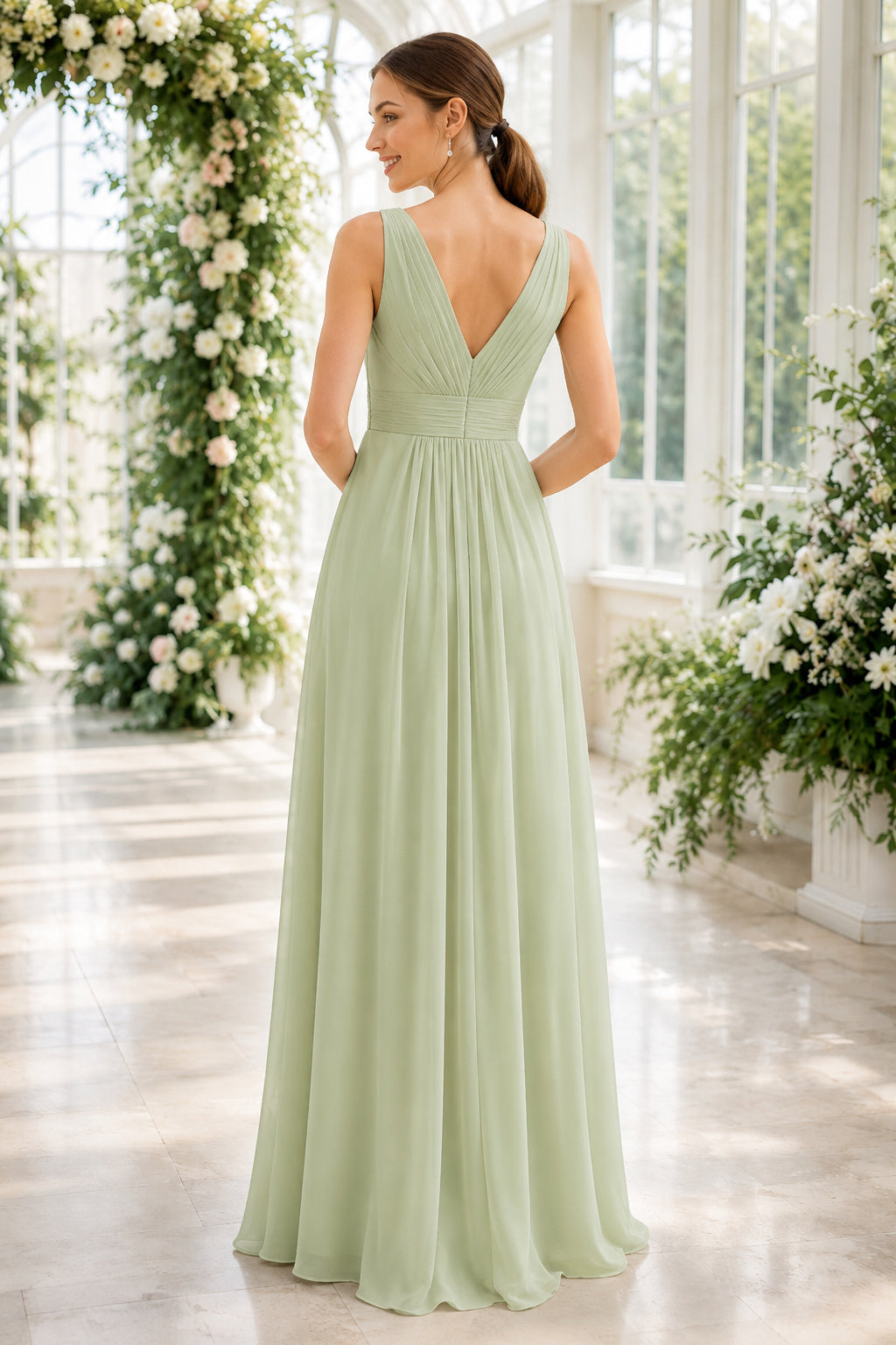 Evening Gown Sage Chiffon A-Line V-Neck Sleeveless Floor Length back view