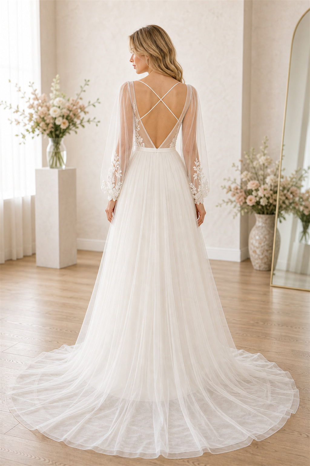 White Illusion Long Sleeves A-Line Tulle, Lace Floor-length Wedding Dress With Lace and Train