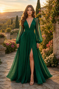 Emerald V-Neck Floor-Length Chiffon A-Line Dress
