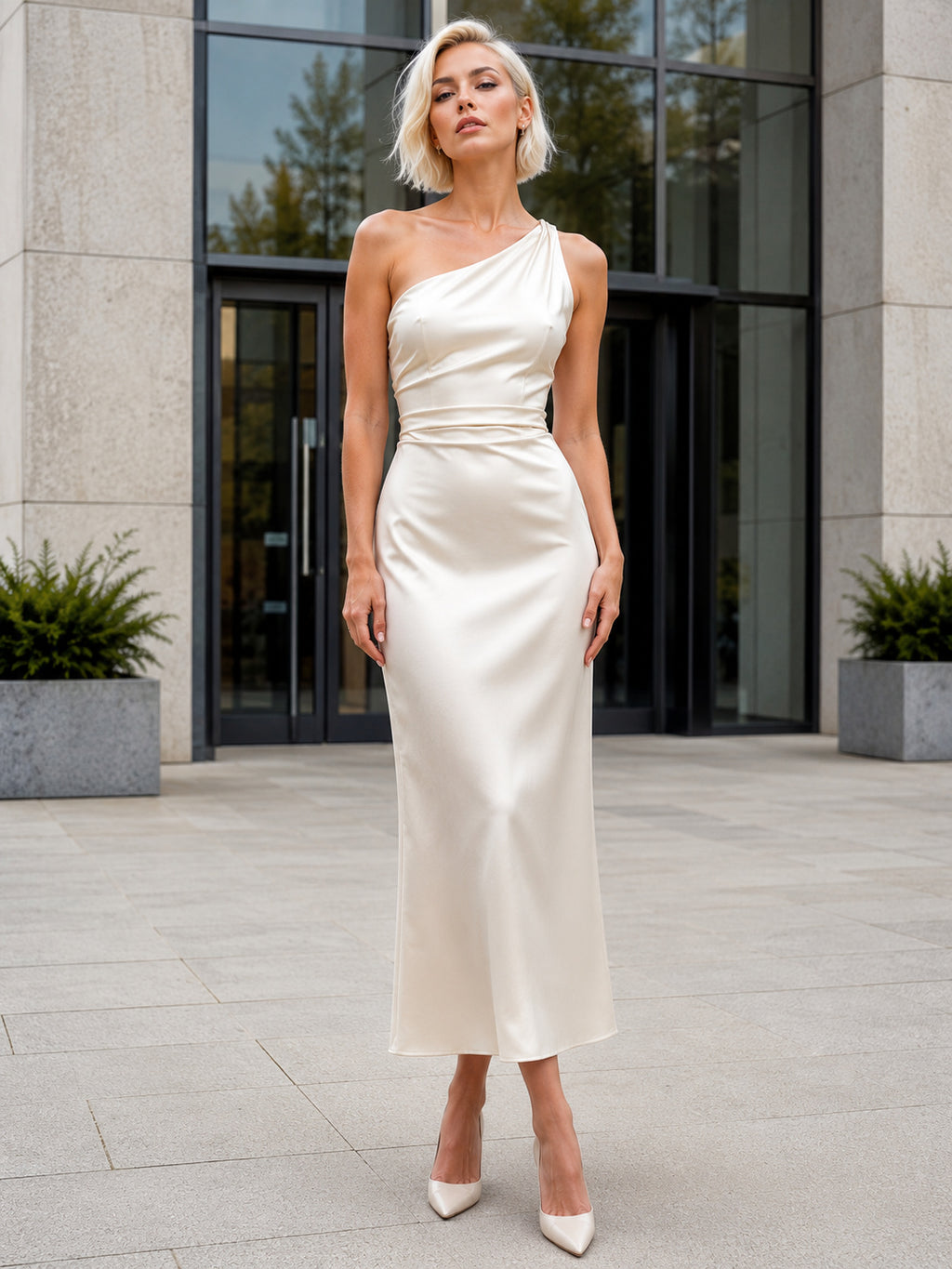 Civil One Shoulder Satin Sheath Midi Wedding Dress front view