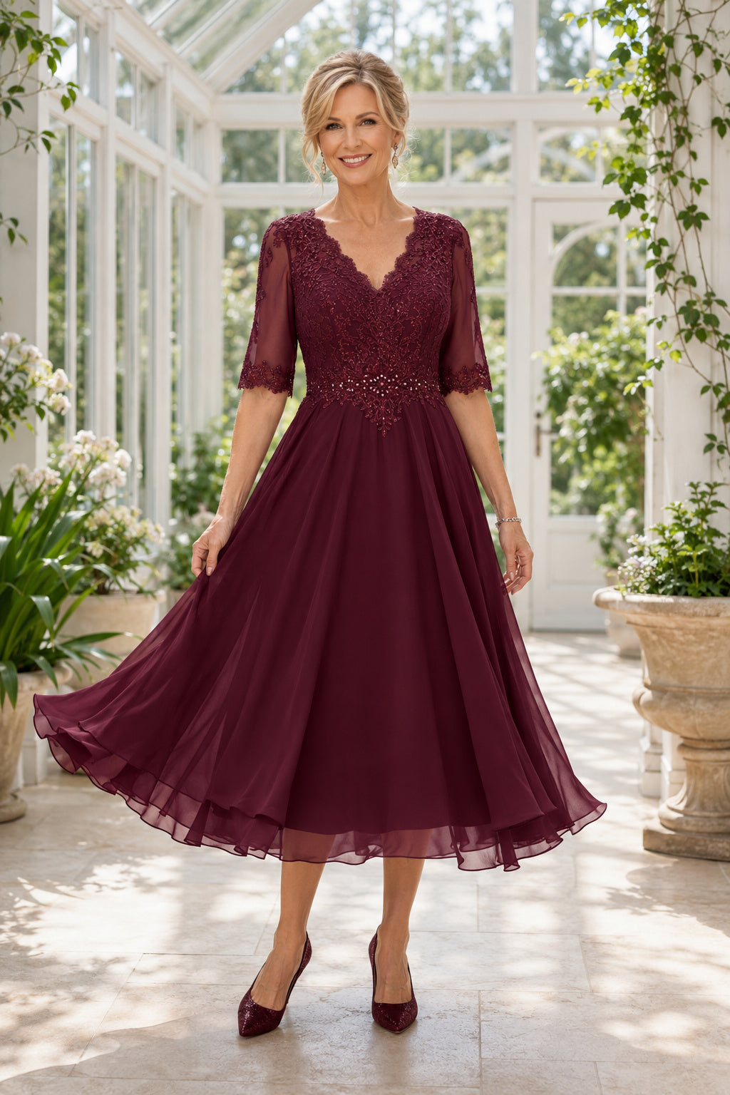 Burgundy Tea Length Chiffon A-Line Mother Dress with Lace Bodice and Half Sleeves front view