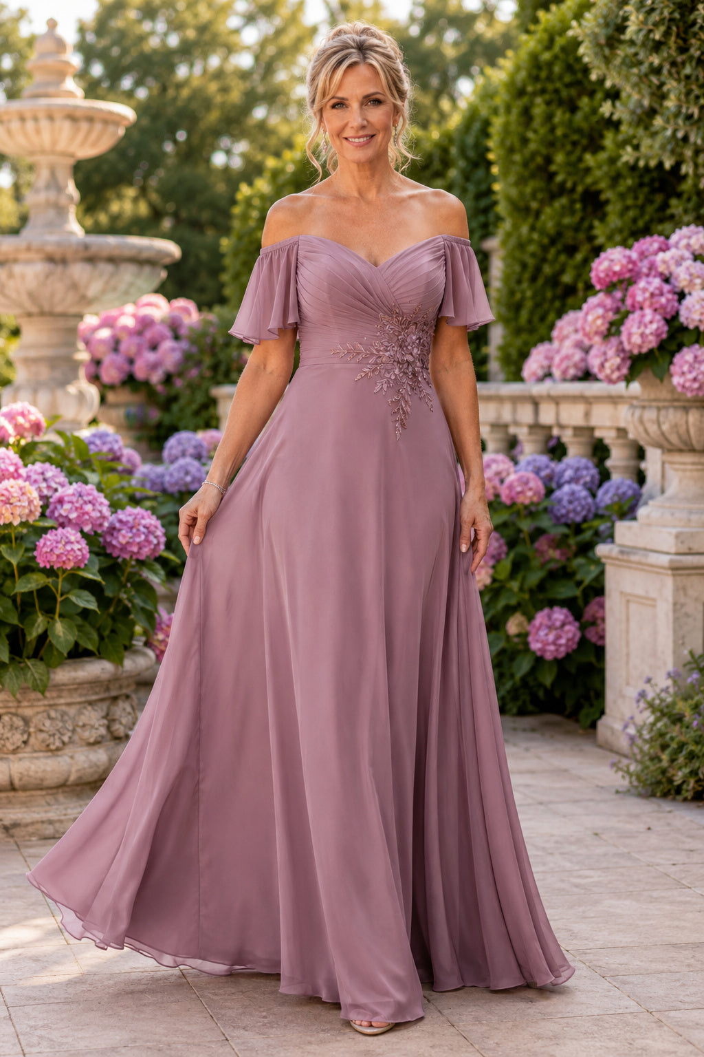 Vintage Mauve Off the Shoulder A-Line Mother Dress with Beaded Waist for Evening Reception front view