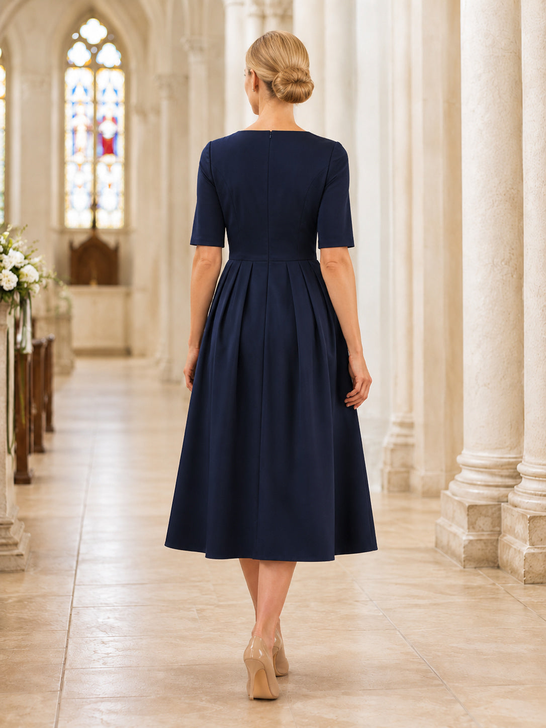 Navy Square Neck Half Sleeve A Line Church Midi Dress back view