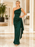 Emerald one shoulder satin sheath gown with side slit front view