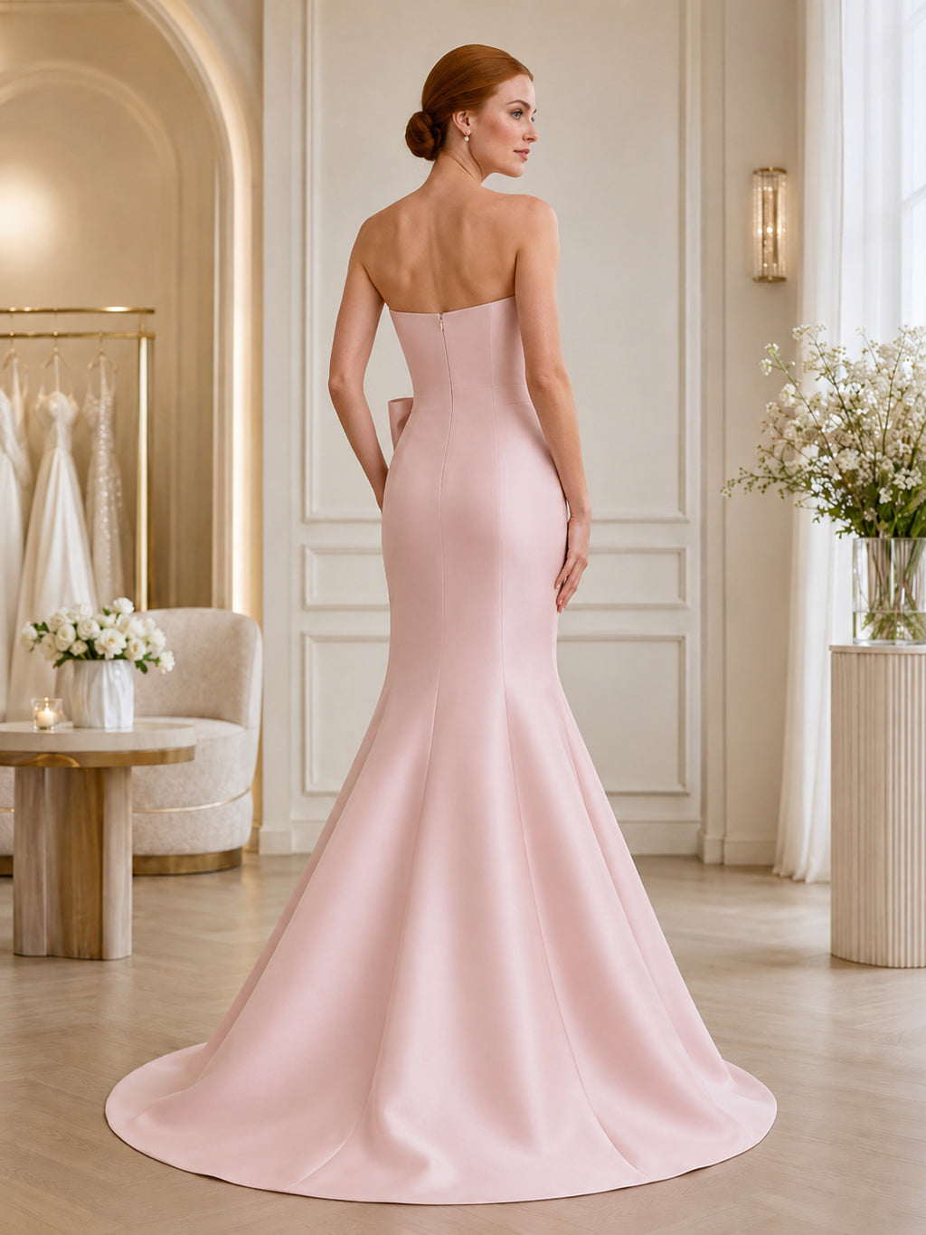 Blush Strapless Side Bow Satin Mermaid Sweep Train Wedding Gown back view