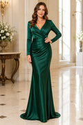 Dark Green Long Sleeve Satin Mermaid Formal Dress with V-Neck Ruching and Side Split front view