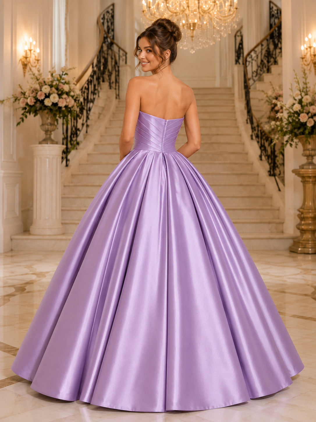 Lavender Romantic Strapless Sweetheart Pleated Mikado Satin Quinceanera Princess Formal Ball Gown back view