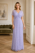 Lavender V-neck Short Sleeve Sheath Lace Floor-Length Dress