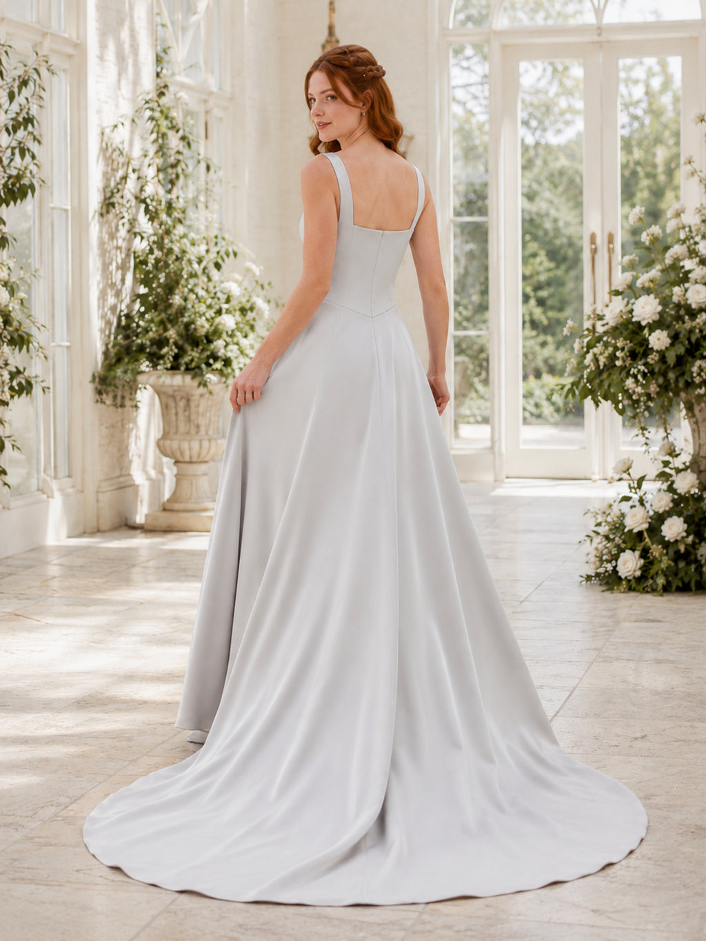 Dove Gray Square Neck Satin A-Line Split Wedding Dress back view