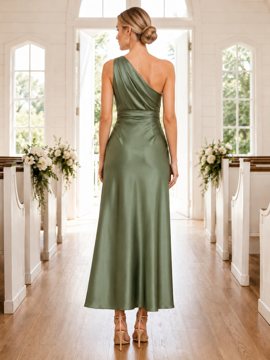 Chapel Sage One-Shoulder Satin Sheath Tea-Length Slit Guest Dress back view