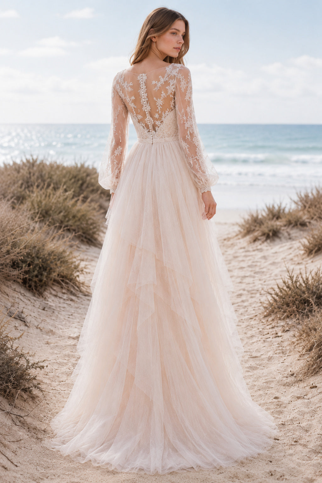 Blushing Pink Long Sleeve Illusion Tulle A-Line Wedding Dress with Lace Bodice back view