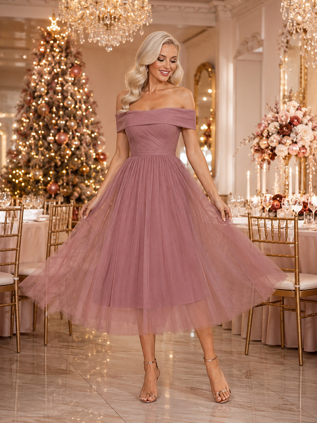 Dusty Rose Off Shoulder Pleated Tulle A-Line Tea Length Christmas Party Dress front view