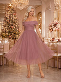 Dusty Rose Off Shoulder Pleated Tulle A-Line Tea Length Christmas Party Dress front view