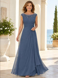 Steel Blue Elegant Floor-Length A-Line Mother of the Bride Chiffon Gown with Beaded Bateau Neck Cap Sleeves and Pleated Waist