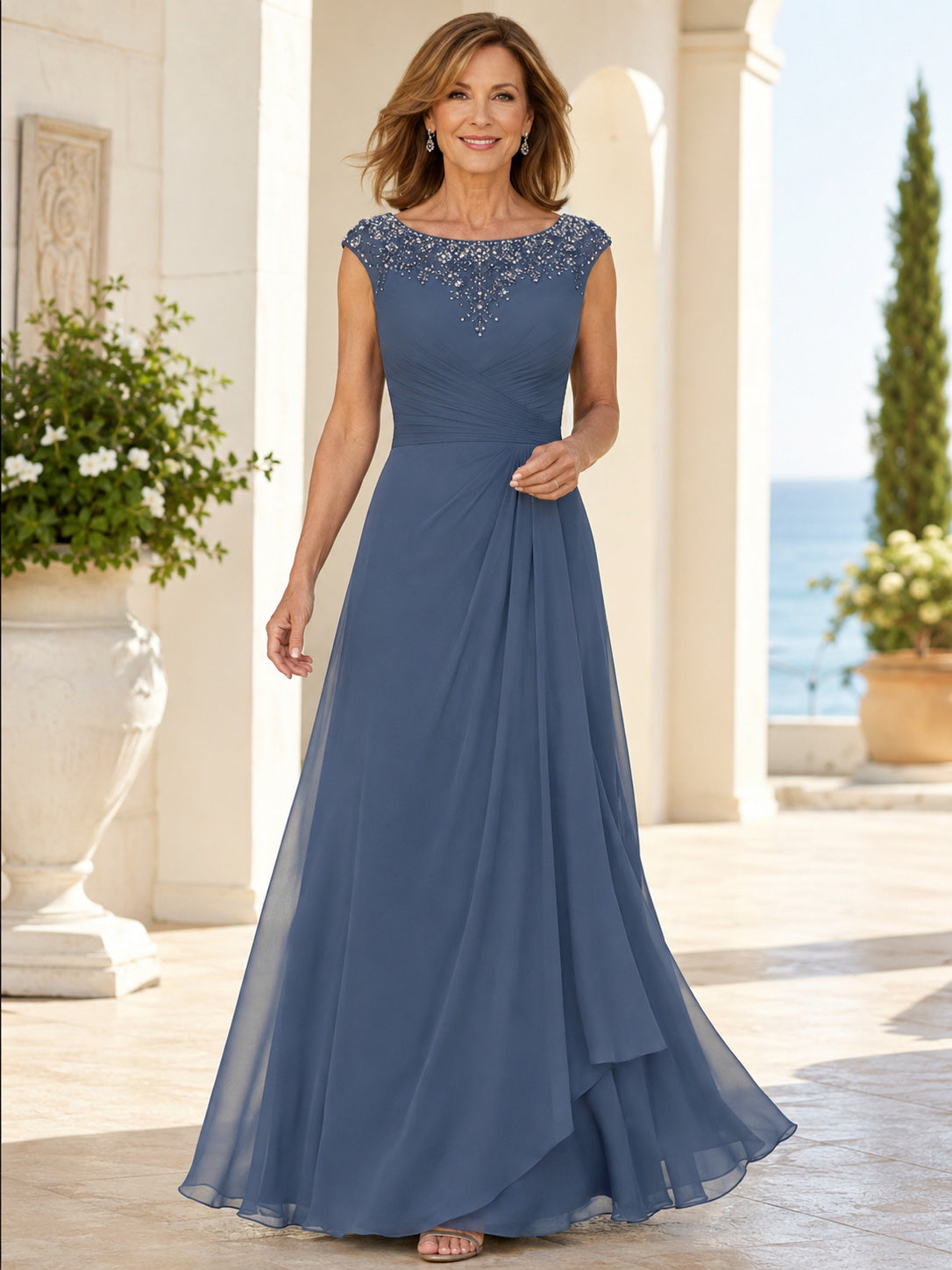 Steel Blue Elegant Floor-Length A-Line Mother of the Bride Chiffon Gown with Beaded Bateau Neck Cap Sleeves and Pleated Waist