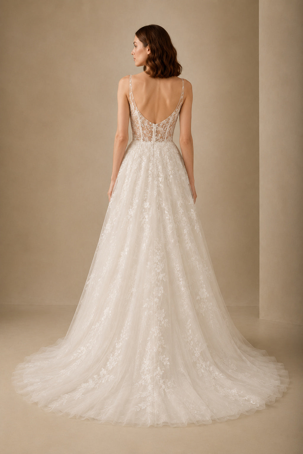 Spaghetti Strap Lace A-Line Wedding Dress with Sweep Train back view