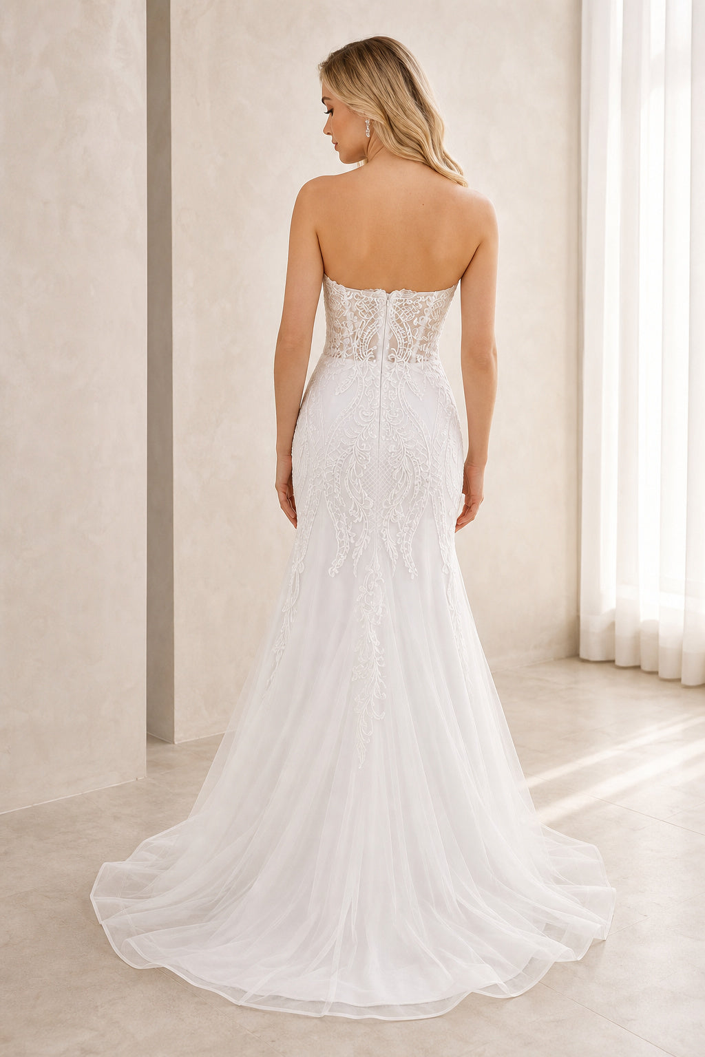 White Halter Mermaid Crepe, Lace Floor-length Wedding Dress With Lace and Beaded Waist and Open Back Lace Hem Detail