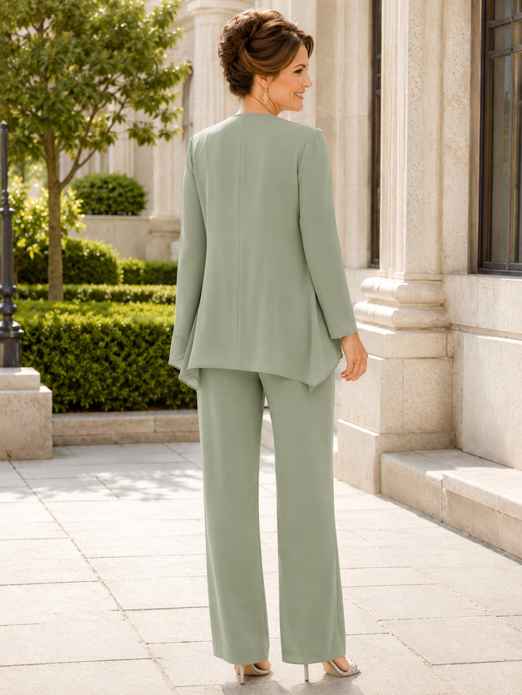 Sage Green Elegant Draped-Shell Open-Blazer Tapered Mother of the Bride Pantsuit with Full Sleeves and Relaxed Courthouse Sty