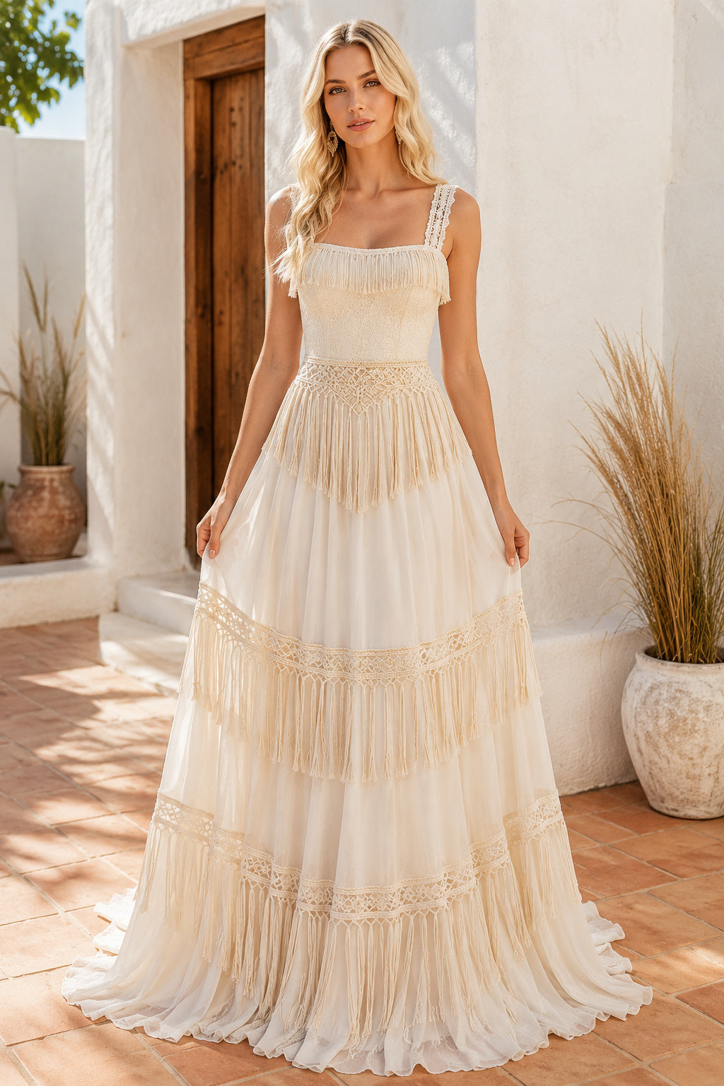 Champagne Tiered Fringe A-Line Wedding Dress with Square Neck and Spaghetti Straps front view