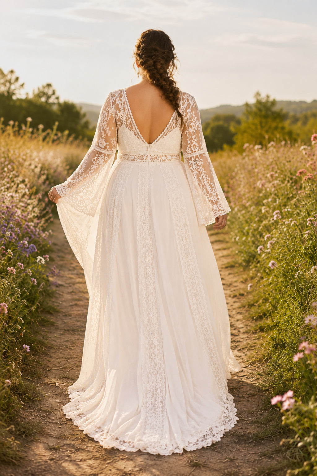 Plus Size Ivory V-Neck Bell Sleeve Lace Tulle A-Line Wedding Dress with Bell Sleeves and Soft Chiffon Train back view