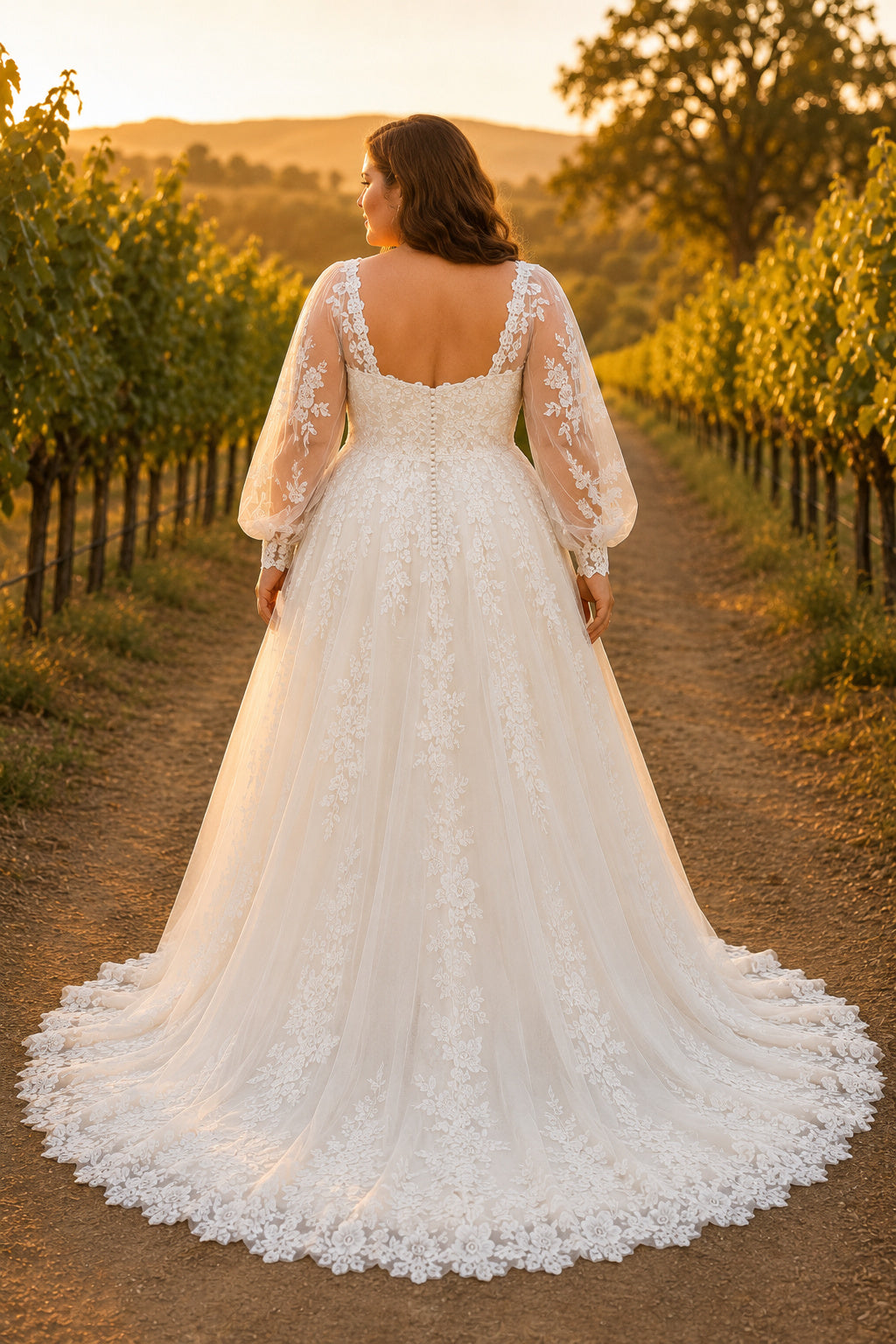 Plus Size Ivory Sweetheart Bishop Sleeve Lace Tulle A-Line Wedding Dress with Bishop Sleeves and Lace Chapel Train back view