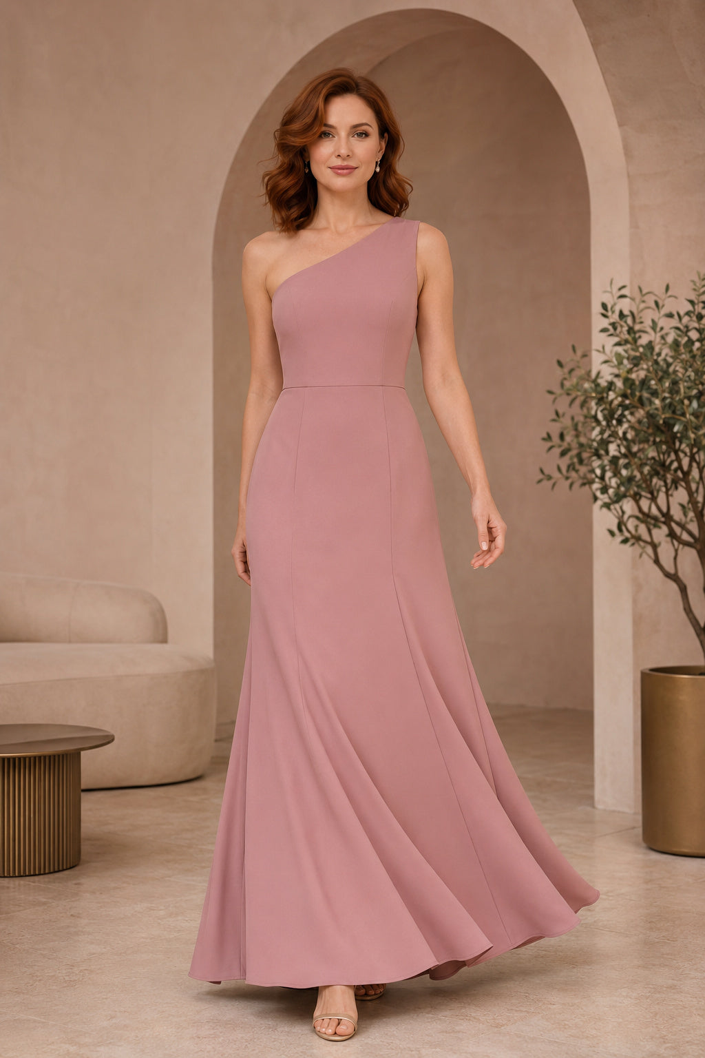 Dusty Rose One-Shoulder Modern A-Line Bridesmaid Dress with Simple Floor-Length Skirt front view
