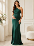 Dark Green Tall Maternity One-Shoulder Satin Sheath Floor-Length Evening Gown front view